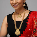 Jewel City Luxurious Gold-Plated South Indian Bridal Jewelry Set - Necklace, Long Chain, Earrings, and Tikka | Grocsy