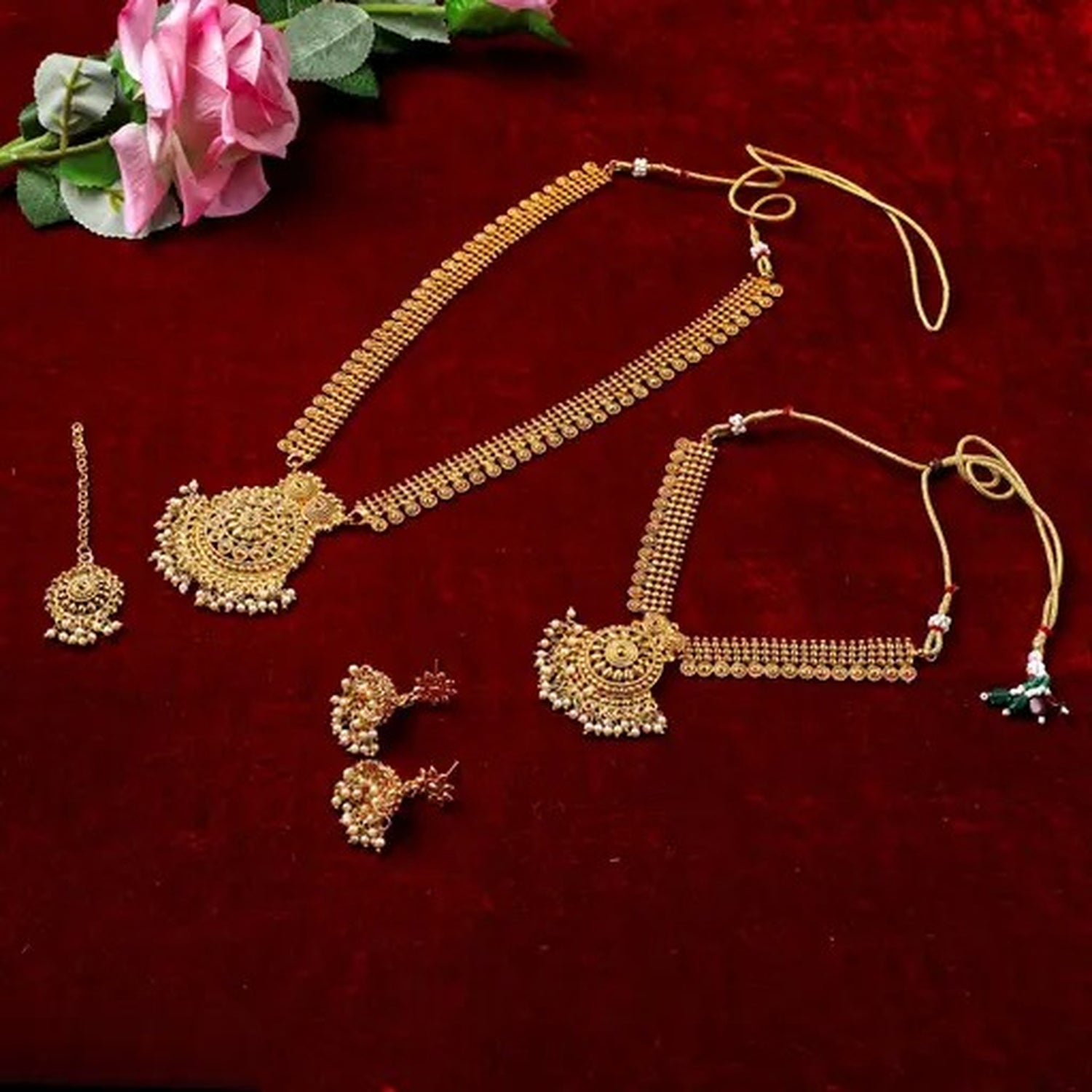 Jewel City Luxurious Gold-Plated South Indian Bridal Jewelry Set - Necklace, Long Chain, Earrings, and Tikka | Grocsy