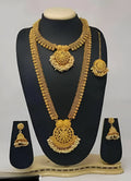 Jewel City Luxurious Gold-Plated South Indian Bridal Jewelry Set - Necklace, Long Chain, Earrings, and Tikka | Grocsy