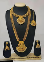 Jewel City Luxurious Gold-Plated South Indian Bridal Jewelry Set - Necklace, Long Chain, Earrings, and Tikka | Grocsy