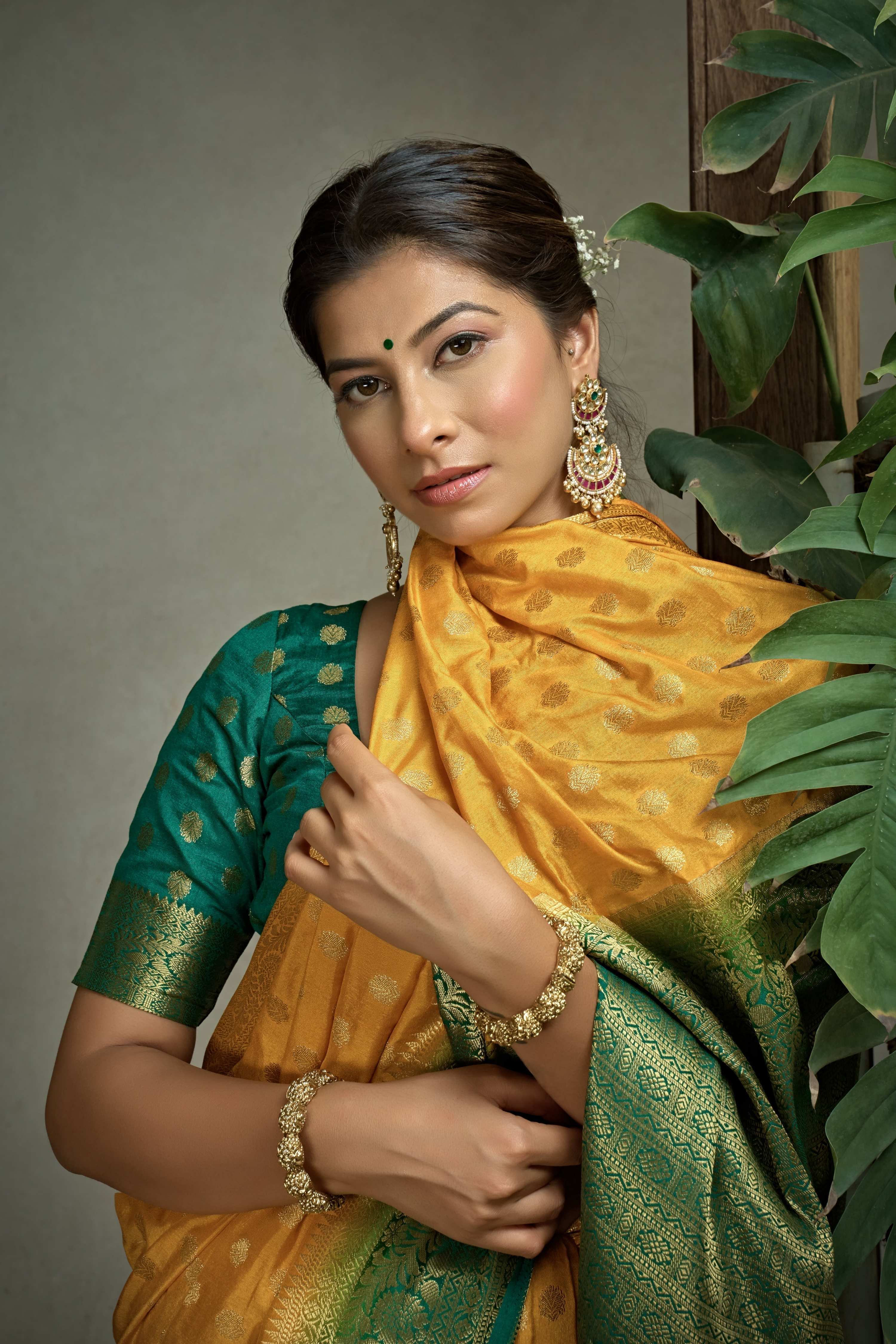 Vardha Scarlet Yellow Golden Zari Banarasi Raw Silk Saree | Grocsy