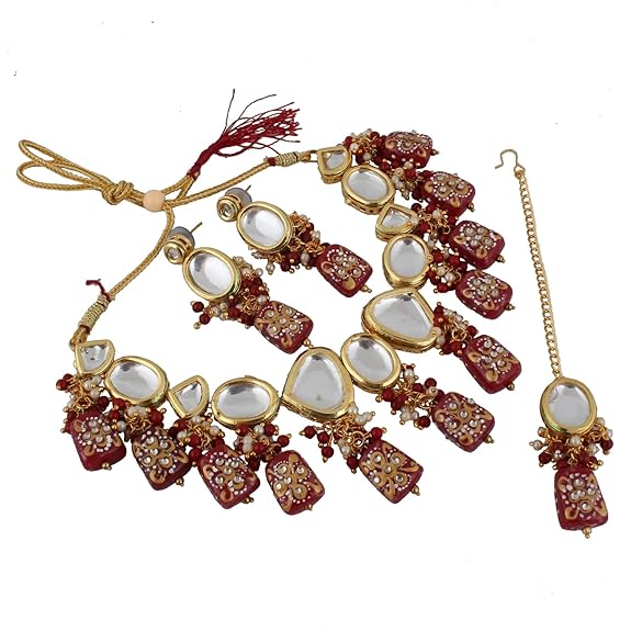 Tehzeeb Creations Back Meenakari Gold-Polished Maroon Color Tika Earring Jewellery Set Uncut Kundan Big Faux Kundan Dibbi Kundan Choker Necklace Set | Grocsy