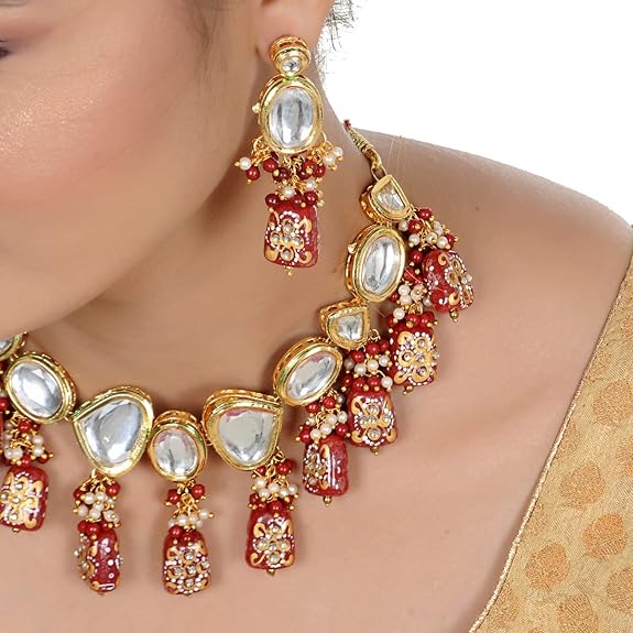 Tehzeeb Creations Back Meenakari Gold-Polished Maroon Color Tika Earring Jewellery Set Uncut Kundan Big Faux Kundan Dibbi Kundan Choker Necklace Set | Grocsy