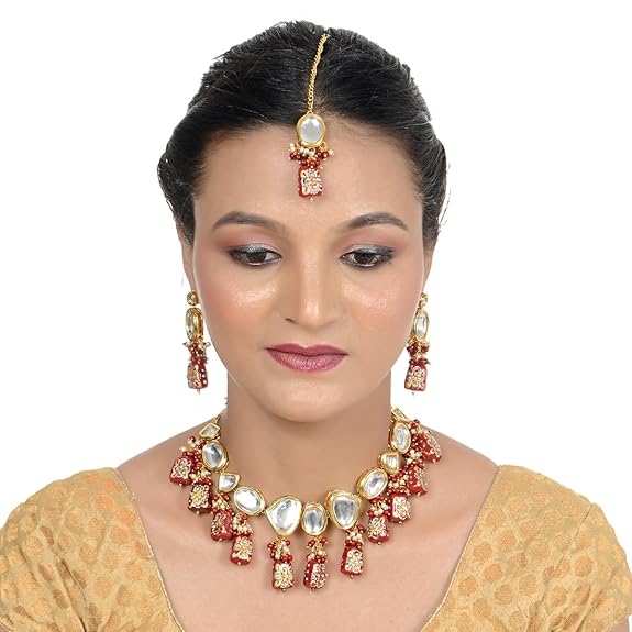 Tehzeeb Creations Back Meenakari Gold-Polished Maroon Color Tika Earring Jewellery Set Uncut Kundan Big Faux Kundan Dibbi Kundan Choker Necklace Set | Grocsy