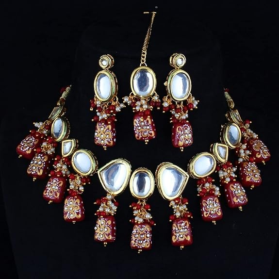 Tehzeeb Creations Back Meenakari Gold-Polished Maroon Color Tika Earring Jewellery Set Uncut Kundan Big Faux Kundan Dibbi Kundan Choker Necklace Set | Grocsy