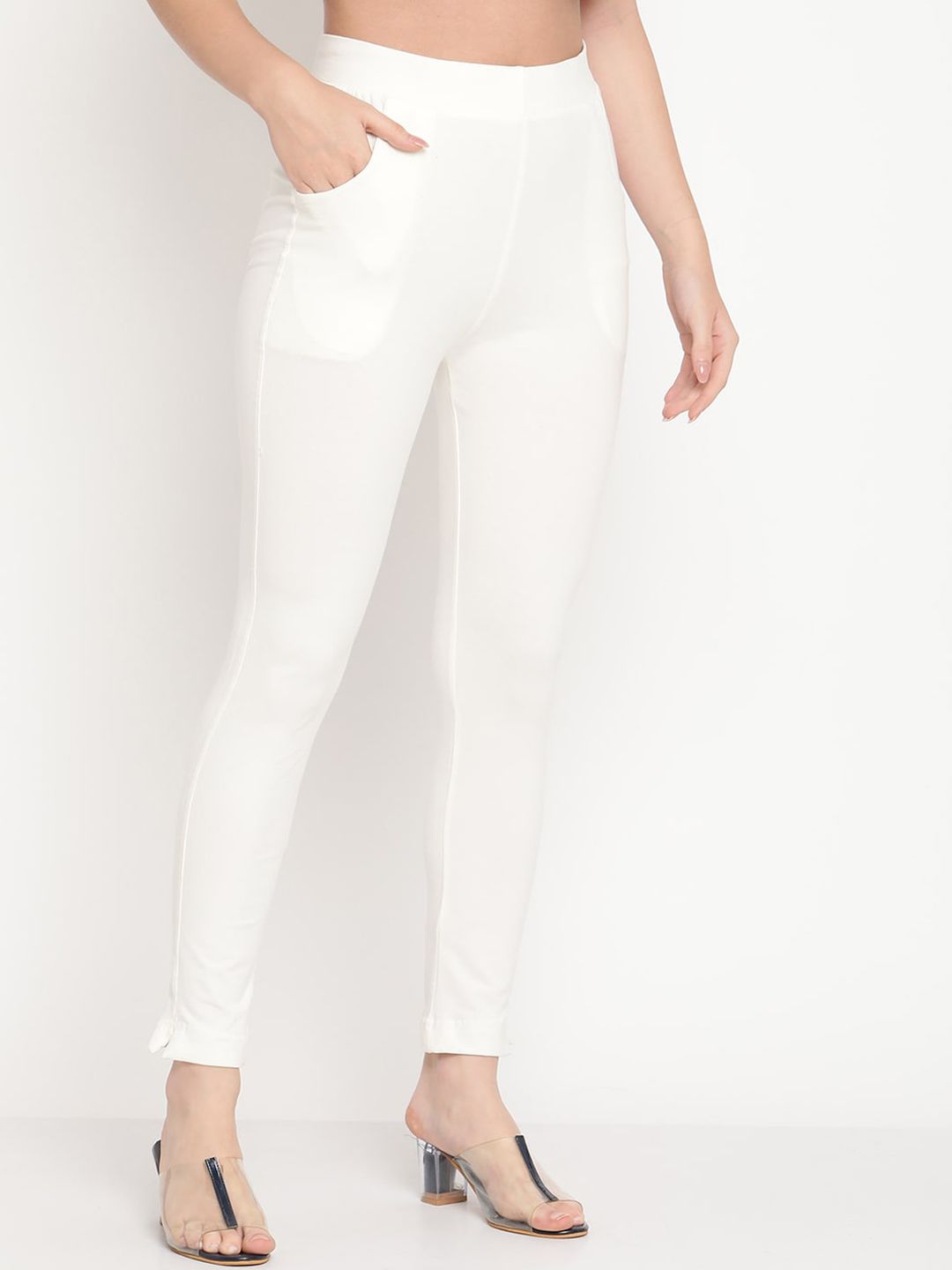 TAG 7 Women Off-White Solid Ankle-Length Leggings | Grocsy