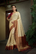 Vardha Cream White Golden Zari Banarasi Raw Silk Saree | Grocsy