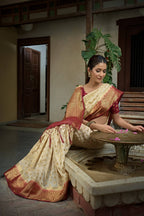 Vardha Cream White Golden Zari Banarasi Raw Silk Saree | Grocsy