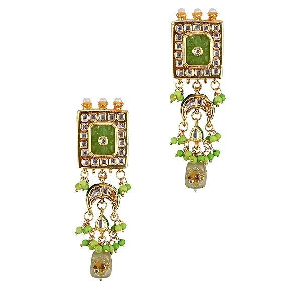 Tehzeeb Creations Meenakari Gold-Polished Green Color Rectangular Shape Uncut Kundan Combo Necklace Set | Grocsy