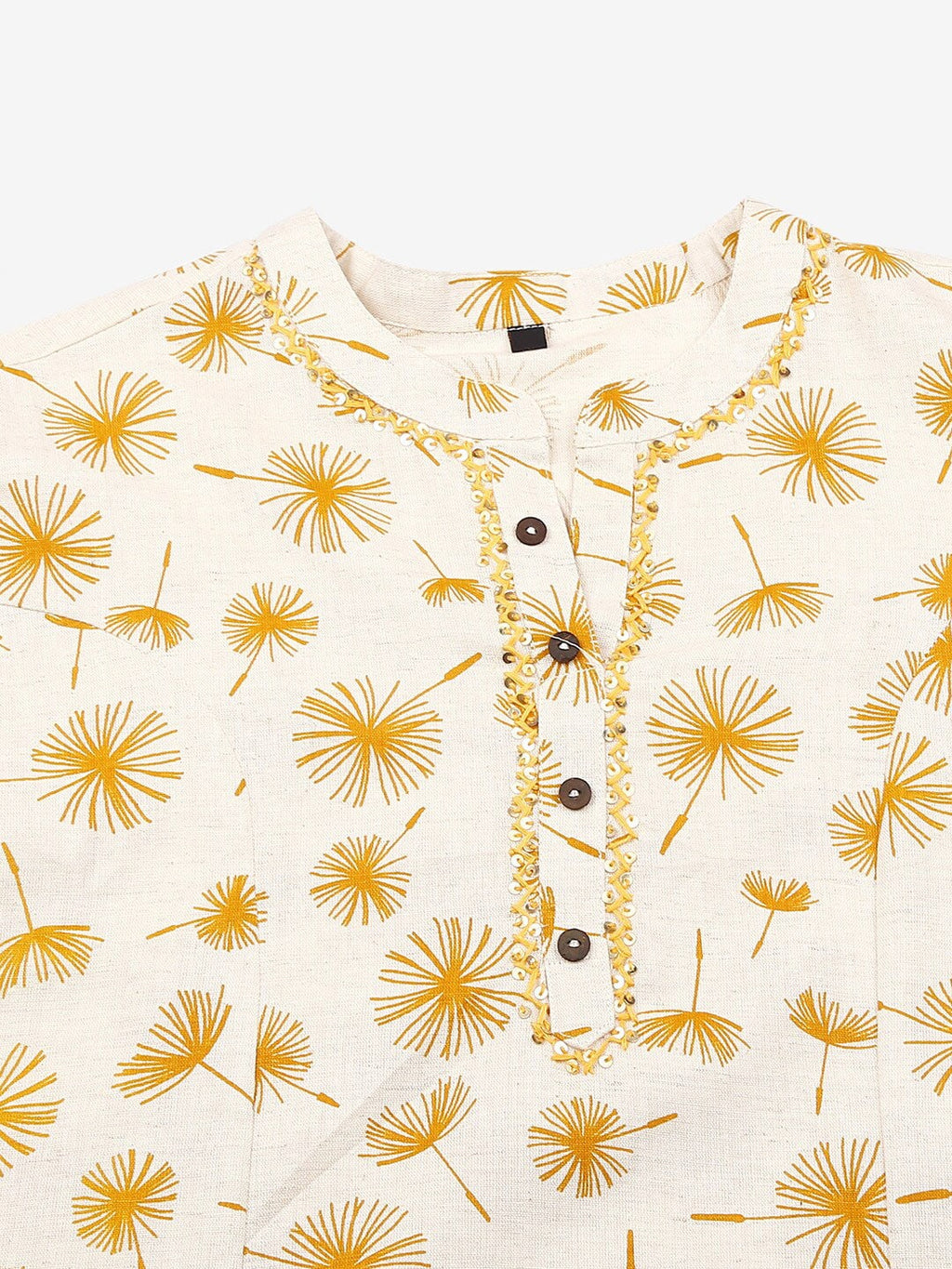 HERE&NOW Off White & Mustard Yellow Floral Printed Thread Work Sequinned Cotton Kurta | Grocsy
