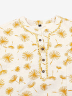 HERE&NOW Off White & Mustard Yellow Floral Printed Thread Work Sequinned Cotton Kurta | Grocsy
