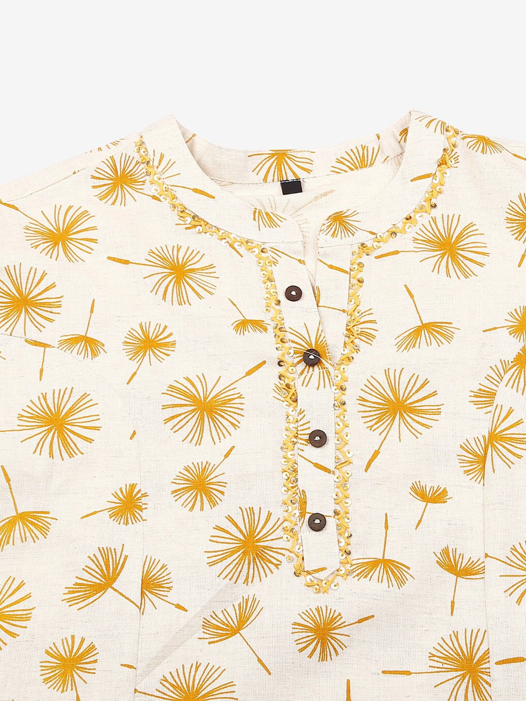 HERE&NOW Off White & Mustard Yellow Floral Printed Thread Work Sequinned Cotton Kurta | Grocsy