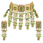 Tehzeeb Creations Meenakari Gold-Polished Green Color Rectangular Shape Uncut Kundan Combo Necklace Set | Grocsy