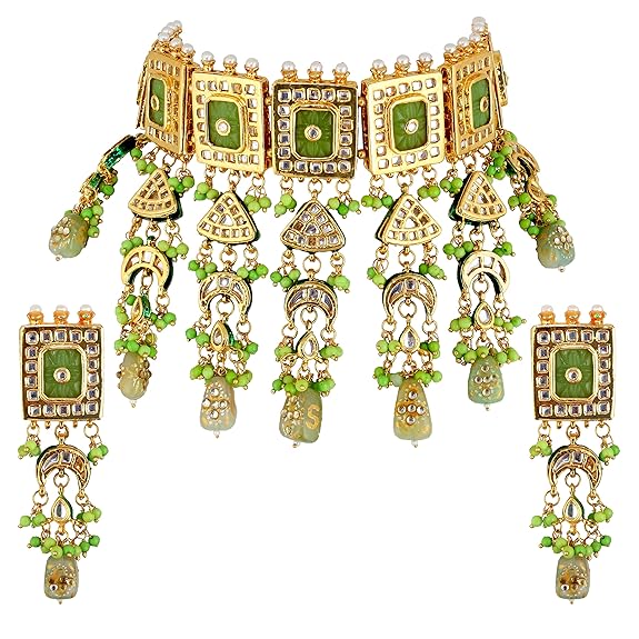 Tehzeeb Creations Meenakari Gold-Polished Green Color Rectangular Shape Uncut Kundan Combo Necklace Set | Grocsy