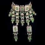 Tehzeeb Creations Meenakari Gold-Polished Green Color Rectangular Shape Uncut Kundan Combo Necklace Set | Grocsy