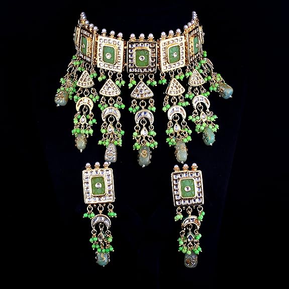 Tehzeeb Creations Meenakari Gold-Polished Green Color Rectangular Shape Uncut Kundan Combo Necklace Set | Grocsy