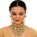 Tehzeeb Creations Meenakari Gold-Polished Green Color Rectangular Shape Uncut Kundan Combo Necklace Set | Grocsy