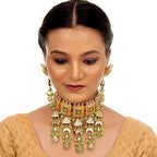 Tehzeeb Creations Meenakari Gold-Polished Green Color Rectangular Shape Uncut Kundan Combo Necklace Set | Grocsy