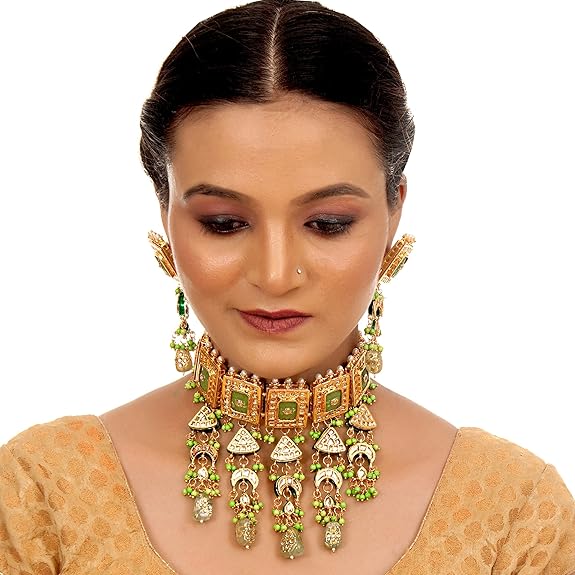 Tehzeeb Creations Meenakari Gold-Polished Green Color Rectangular Shape Uncut Kundan Combo Necklace Set | Grocsy