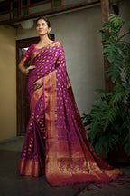 Vardha Magenta Pink Golden Zari Banarasi Raw Silk Saree | Grocsy