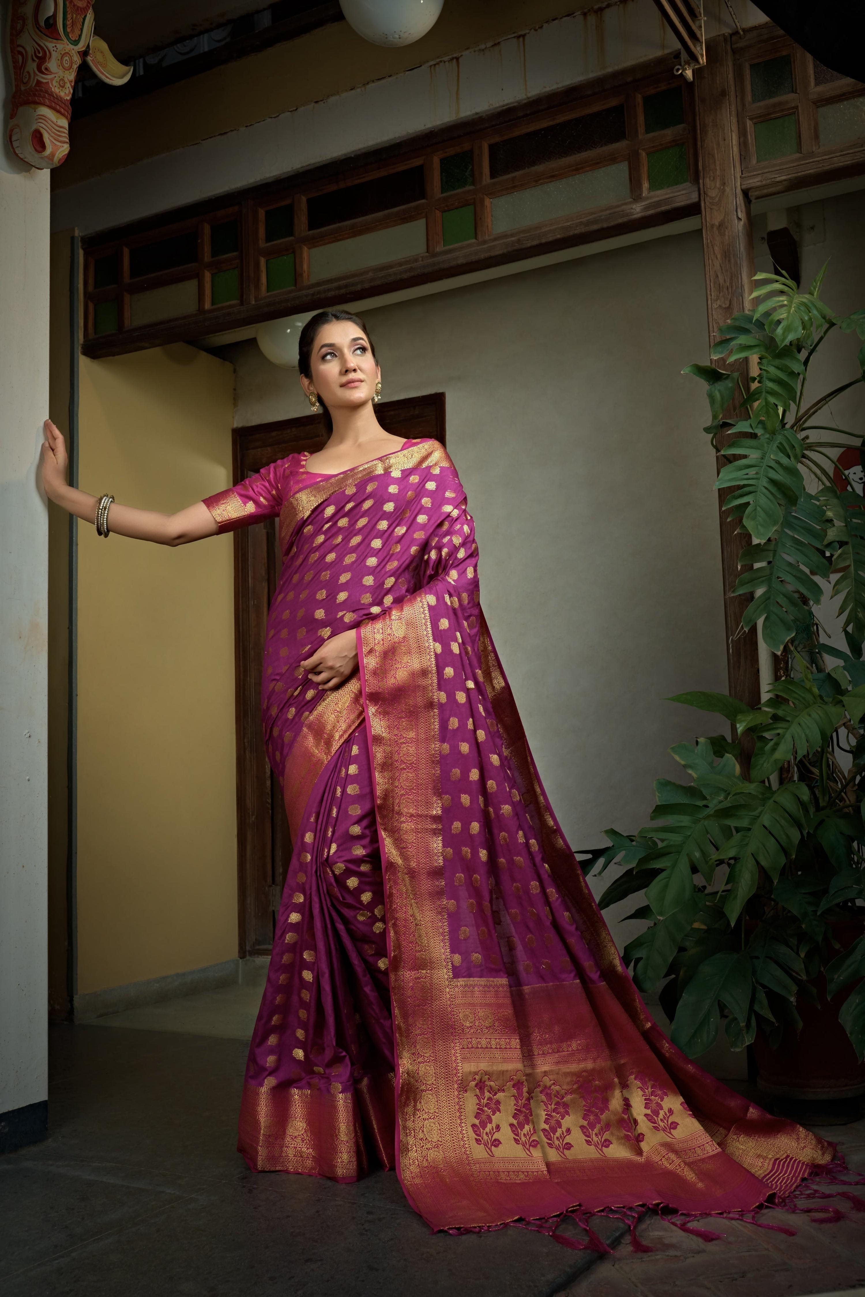 Vardha Magenta Pink Golden Zari Banarasi Raw Silk Saree | Grocsy