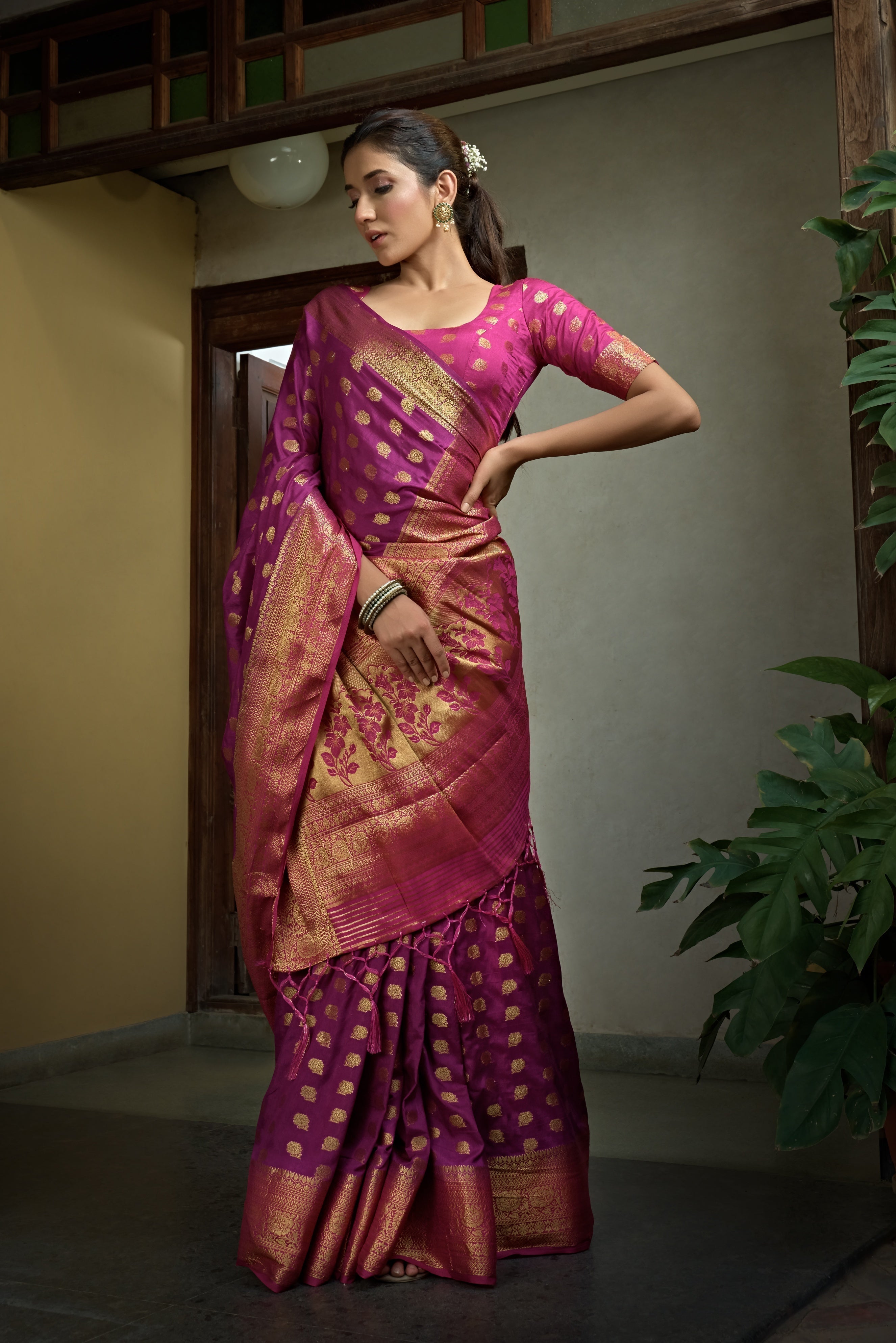 Vardha Magenta Pink Golden Zari Banarasi Raw Silk Saree | Grocsy