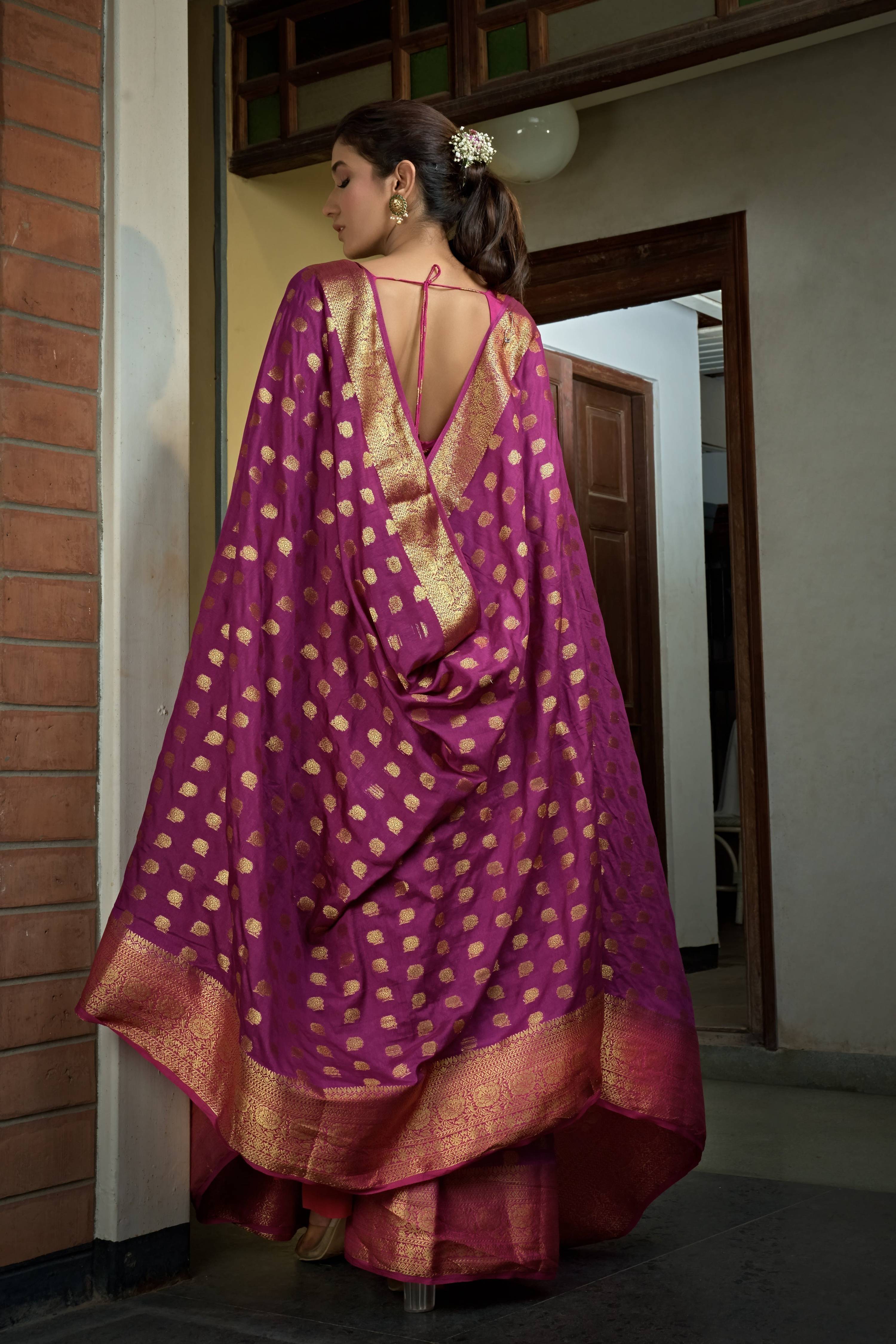 Vardha Magenta Pink Golden Zari Banarasi Raw Silk Saree | Grocsy