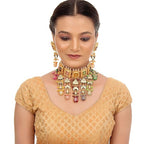 Tehzeeb Creations Meenakari Gold-Polished Multi Color Rectangular Shape Uncut Kundan Combo Necklace Set | Grocsy