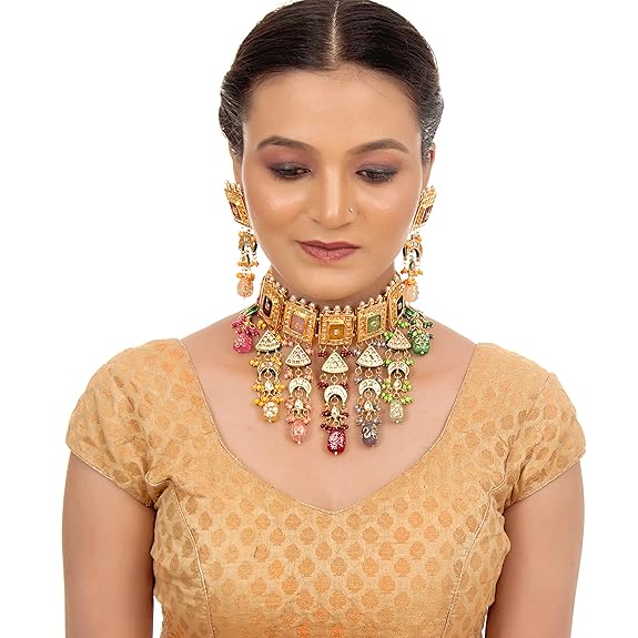 Tehzeeb Creations Meenakari Gold-Polished Multi Color Rectangular Shape Uncut Kundan Combo Necklace Set | Grocsy