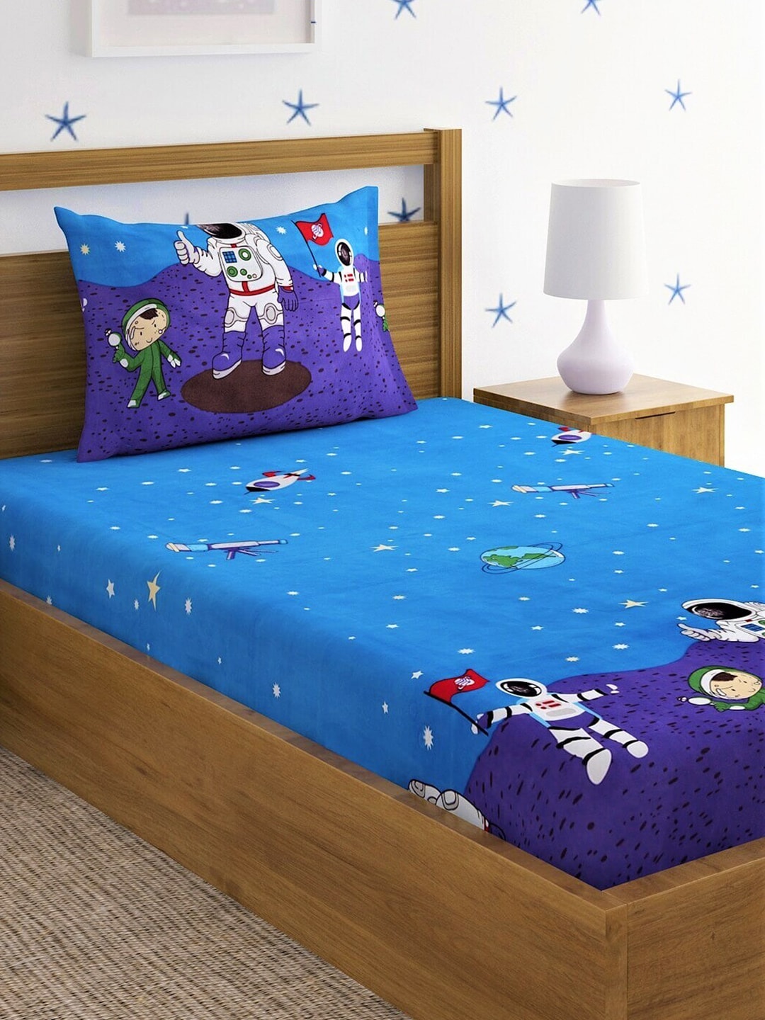 Home Sizzler Blue & White Cartoon Characters 210 TC Single Bedsheet with 1 Pillow Covers | Grocsy