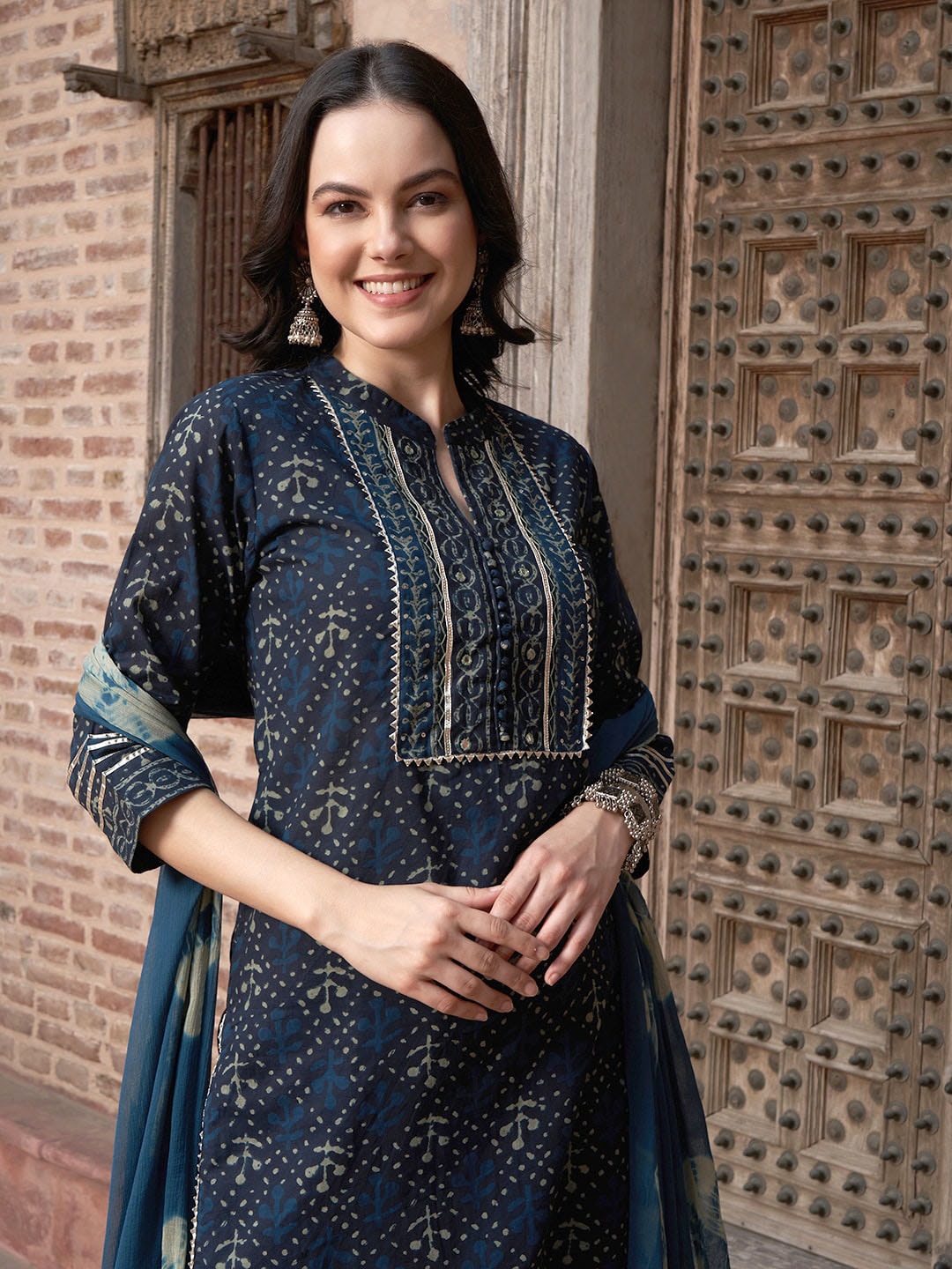 Sangria Blue Ethnic Motifs Embroidered Gotta Patti Pure Cotton Kurta Set With Dupatta | Grocsy