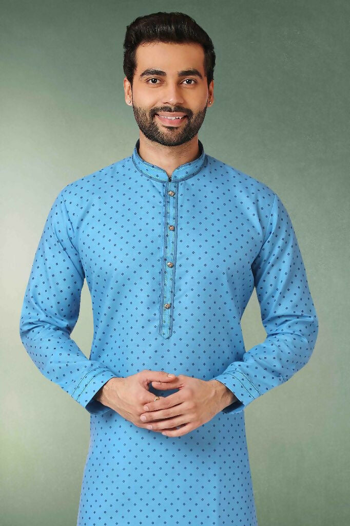 Raivat Ethnic Cotton Printed Work Kurta Pajama In Light Blue Colour | Grocsy