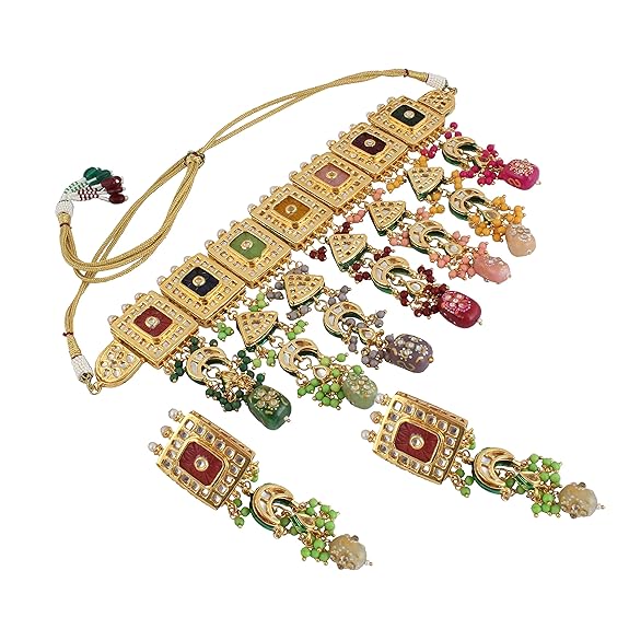 Tehzeeb Creations Meenakari Gold-Polished Multi Color Rectangular Shape Uncut Kundan Combo Necklace Set | Grocsy