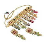 Tehzeeb Creations Meenakari Gold-Polished Multi Color Rectangular Shape Uncut Kundan Combo Necklace Set | Grocsy