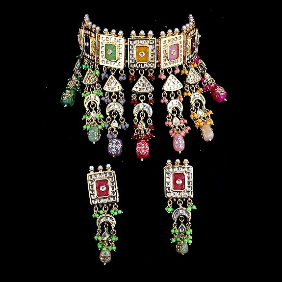 Tehzeeb Creations Meenakari Gold-Polished Multi Color Rectangular Shape Uncut Kundan Combo Necklace Set | Grocsy