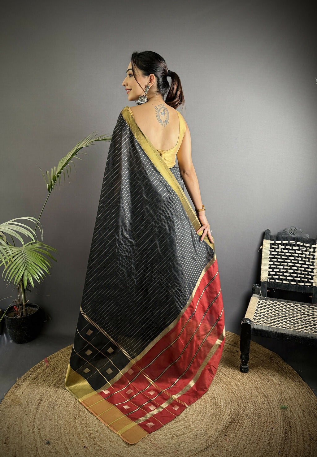 Joban Fashion Black Bhagalpuri Cotton Silk Stripes/Box Saree | Grocsy