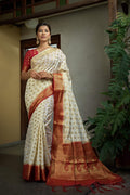 Vardha Adorn Ivory Golden Zari Banarasi Raw Silk Saree | Grocsy