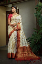 Vardha Adorn Ivory Golden Zari Banarasi Raw Silk Saree | Grocsy