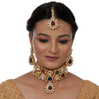 Tehzeeb Creations Back Meenakari Gold-Polished Multicolor Color Tika Earring Jewellery Set Uncut Big Faux Kundan Dibbi Kundan Choker Necklace Set | Grocsy