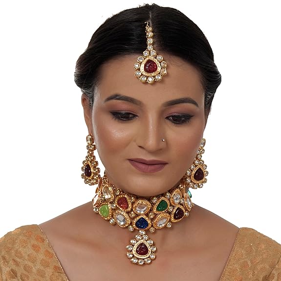 Tehzeeb Creations Back Meenakari Gold-Polished Multicolor Color Tika Earring Jewellery Set Uncut Big Faux Kundan Dibbi Kundan Choker Necklace Set | Grocsy