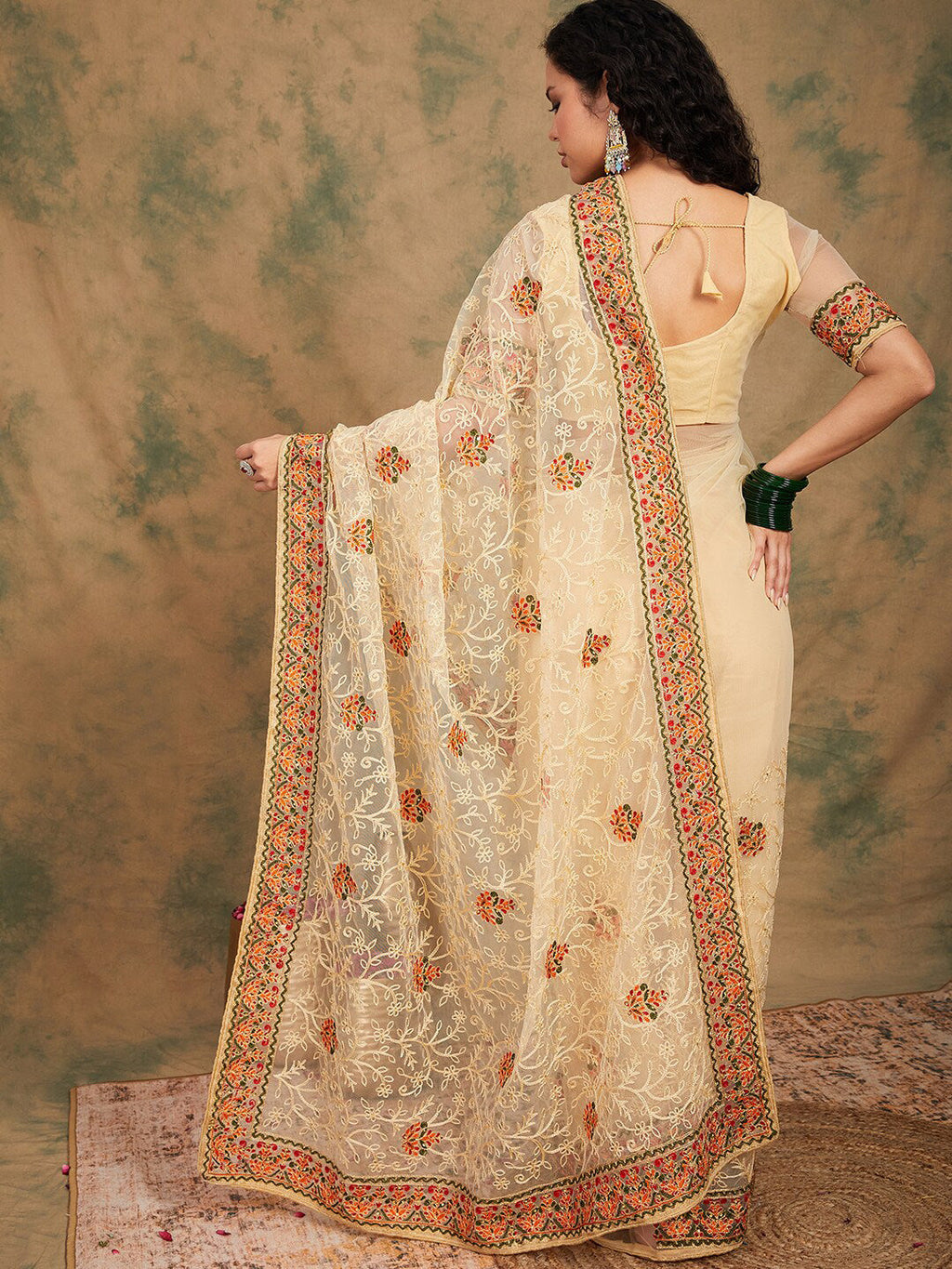 Sangria Yellow Beige Embroidered Net Sarees | Grocsy