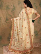 Sangria Yellow Beige Embroidered Net Sarees | Grocsy