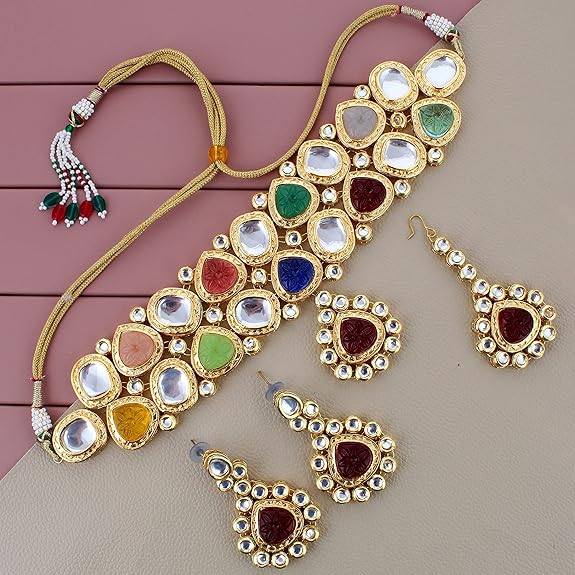 Tehzeeb Creations Back Meenakari Gold-Polished Multicolor Color Tika Earring Jewellery Set Uncut Big Faux Kundan Dibbi Kundan Choker Necklace Set | Grocsy
