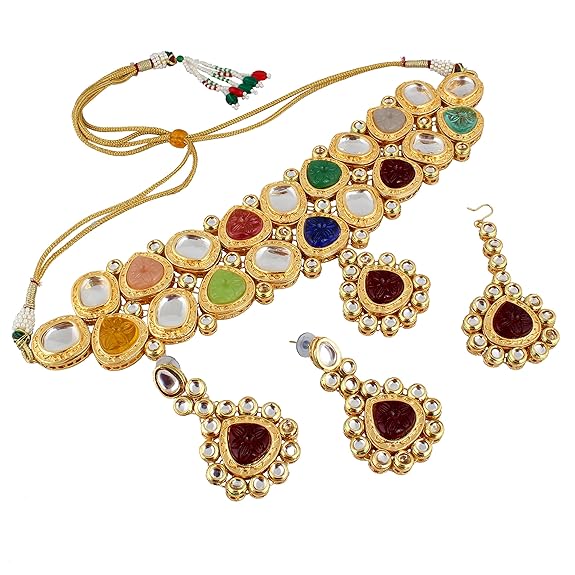 Tehzeeb Creations Back Meenakari Gold-Polished Multicolor Color Tika Earring Jewellery Set Uncut Big Faux Kundan Dibbi Kundan Choker Necklace Set | Grocsy