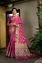 Vardha Cerise Pink Golden Zari Banarasi Raw Silk Saree | Grocsy