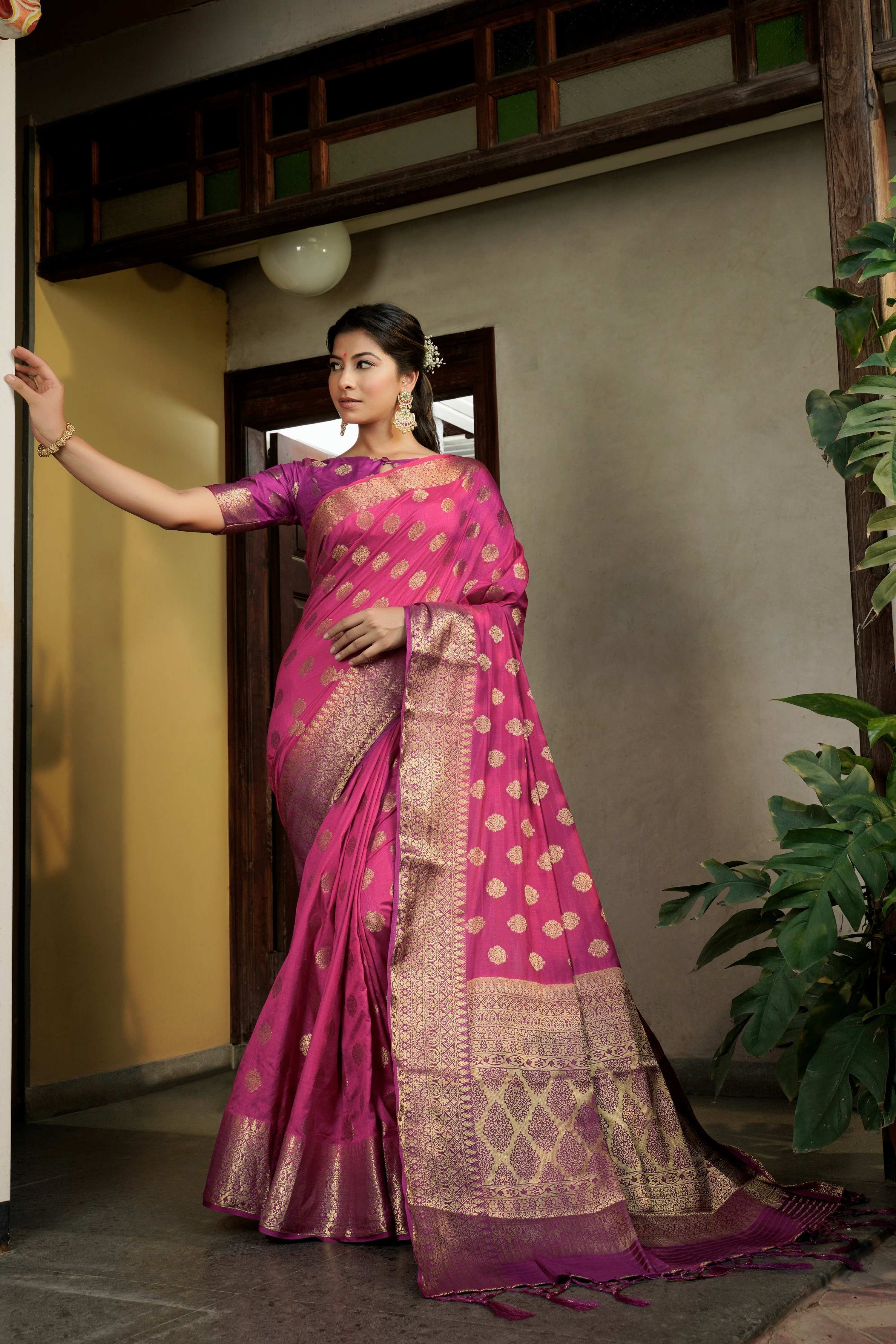 Vardha Cerise Pink Golden Zari Banarasi Raw Silk Saree | Grocsy