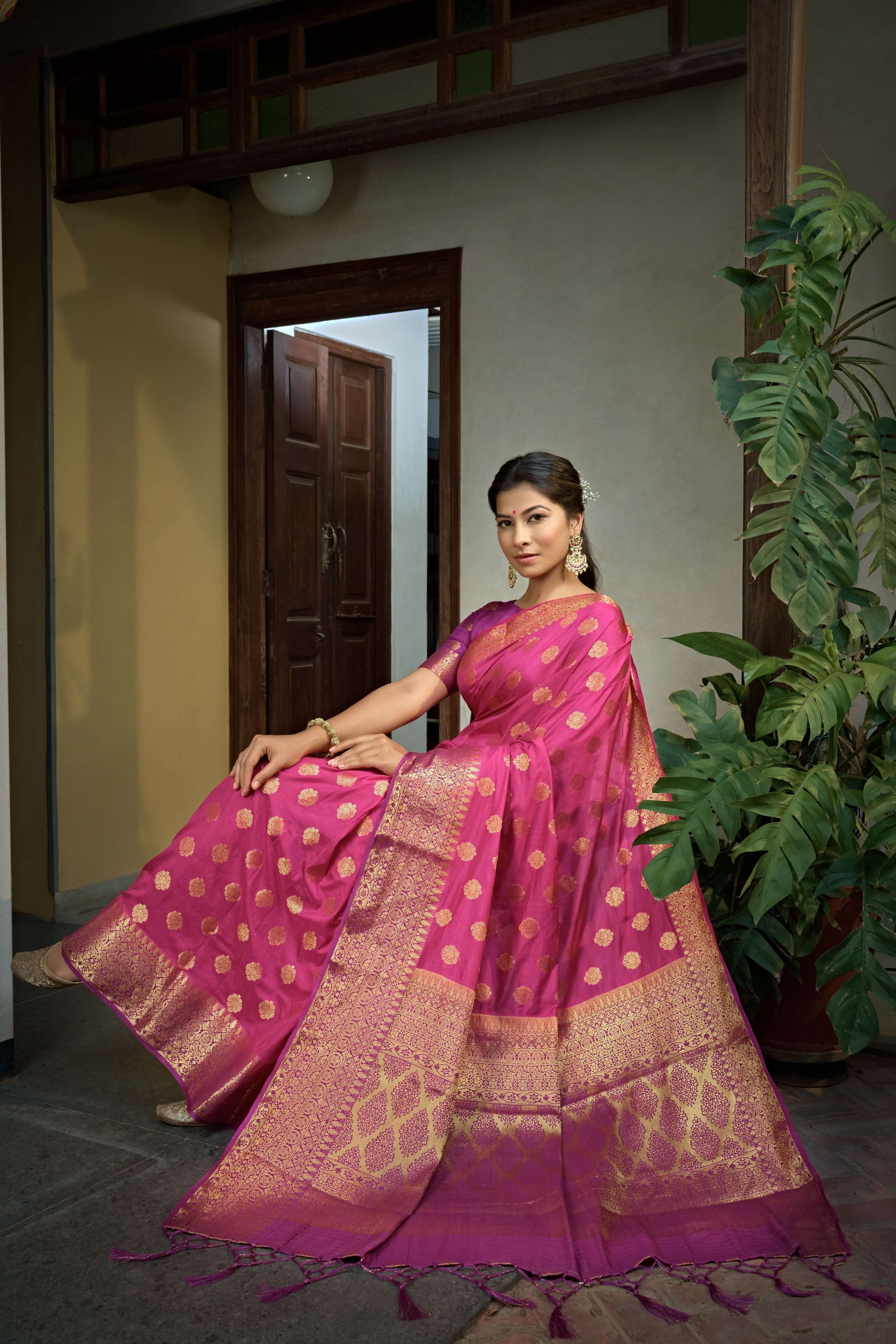 Vardha Cerise Pink Golden Zari Banarasi Raw Silk Saree | Grocsy