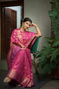 Vardha Cerise Pink Golden Zari Banarasi Raw Silk Saree | Grocsy