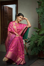 Vardha Cerise Pink Golden Zari Banarasi Raw Silk Saree | Grocsy