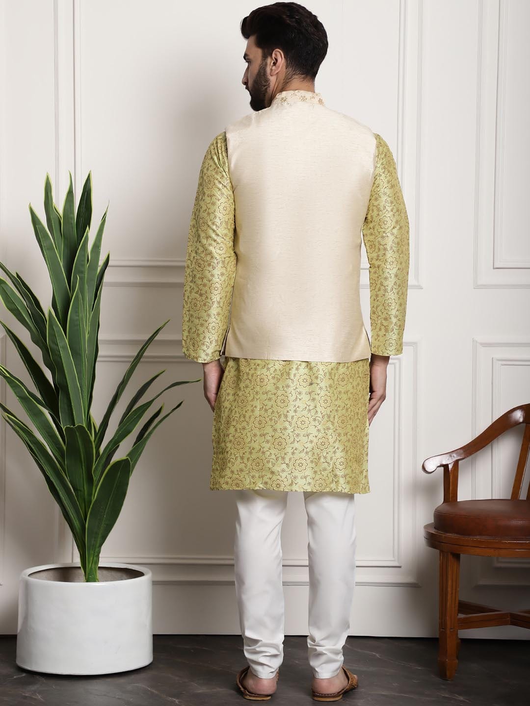 Sojanya Men Lime Green Ethnic Motifs Printed Kurta with Pyjamas & Nehru Jacket | Grocsy